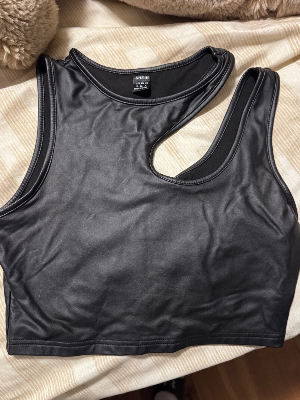 SHEIN Black Faux-Leather Asymmetric Cutout Crop Top